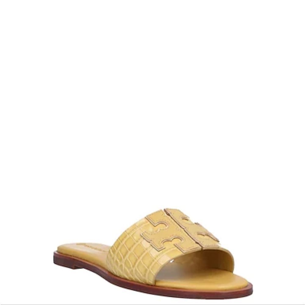 Tory Burch leather logo emblem yellow mustard slides flip flops sandals